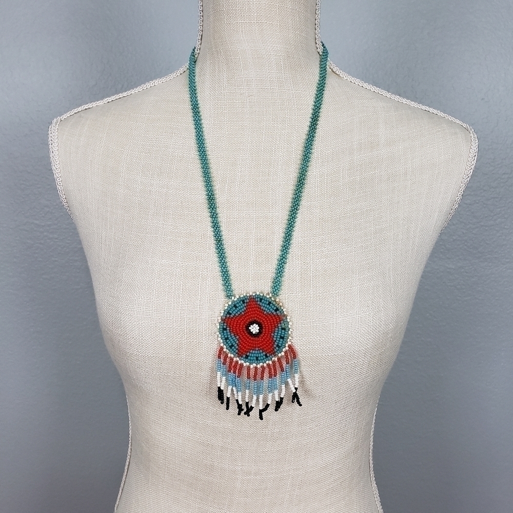 TRIBAL Beaded Star Pendant Fringe Necklace